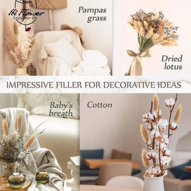 100PCS Natural Bunny Rabbit Tails Grass Dried Flowers Boho Home Decor Table Accessories Colorful Mix Lagurus Wedding Decoration