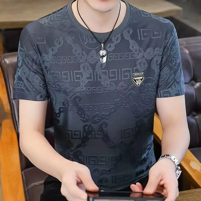 

2025 Summer Men's Short sleeved T-shirt Thin Ice Silk Trendy Jacquard T-shirt New Plus Large Size Quick Drying Cool Top