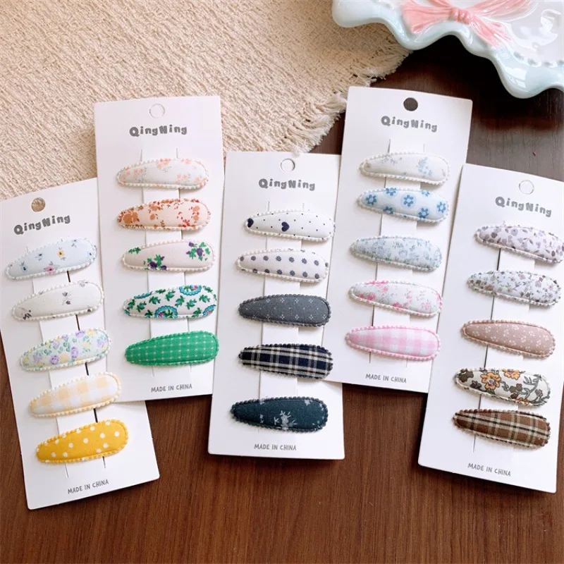 Kids Plaid Floral Hair Clips, Waterdrop Shape Fabric Barrettes for Girls, Korean Style Bobby Pin Cute Baby Hair Accessories Set