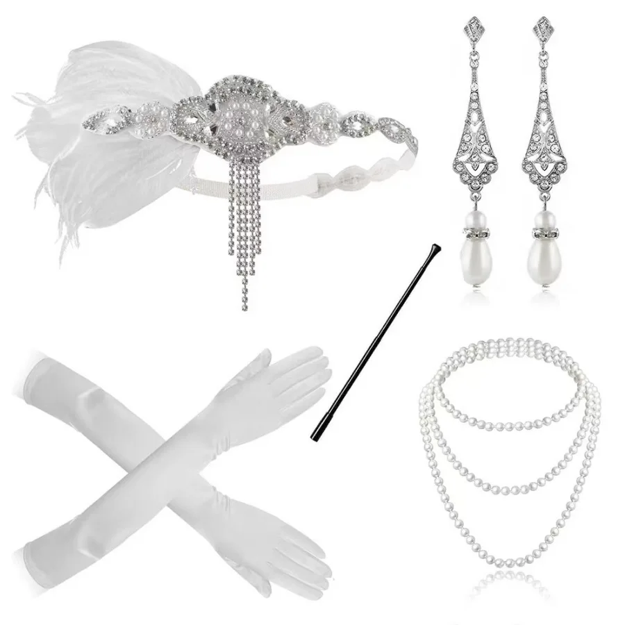 1920s White Feather Headdress Headband Necklace Glove Combo Great Gatsby Masquerade Bachelorette Party Accessories Set