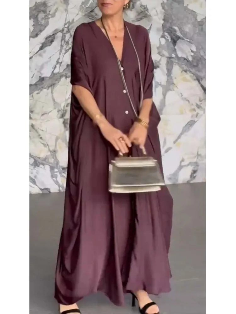 2026 신상 드레스 여성용 브이넥 새틴 루즈 캐주얼 배트 슬리브 A라인 루즈 웨이스트 로브 출퇴근 비즈니스 일상 휴일 원피스