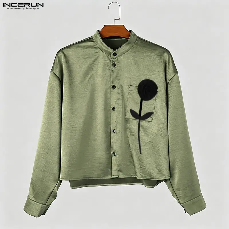 2026 Men Shirt Flower Patchwork Long Sleeve Stain Streetwear Men Clothes Fashion Loose Casual Crop Tops For Man Camisas INCERUN