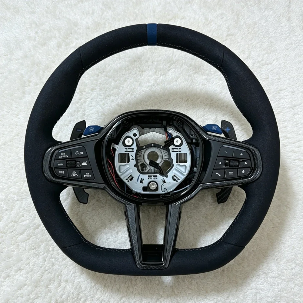 Custom Suede Car Steering Wheel Sport Upgrade With Blue Center Stripe For BMW G82 G42 G21 G80 G07 G30 G87 F90 F80 F86