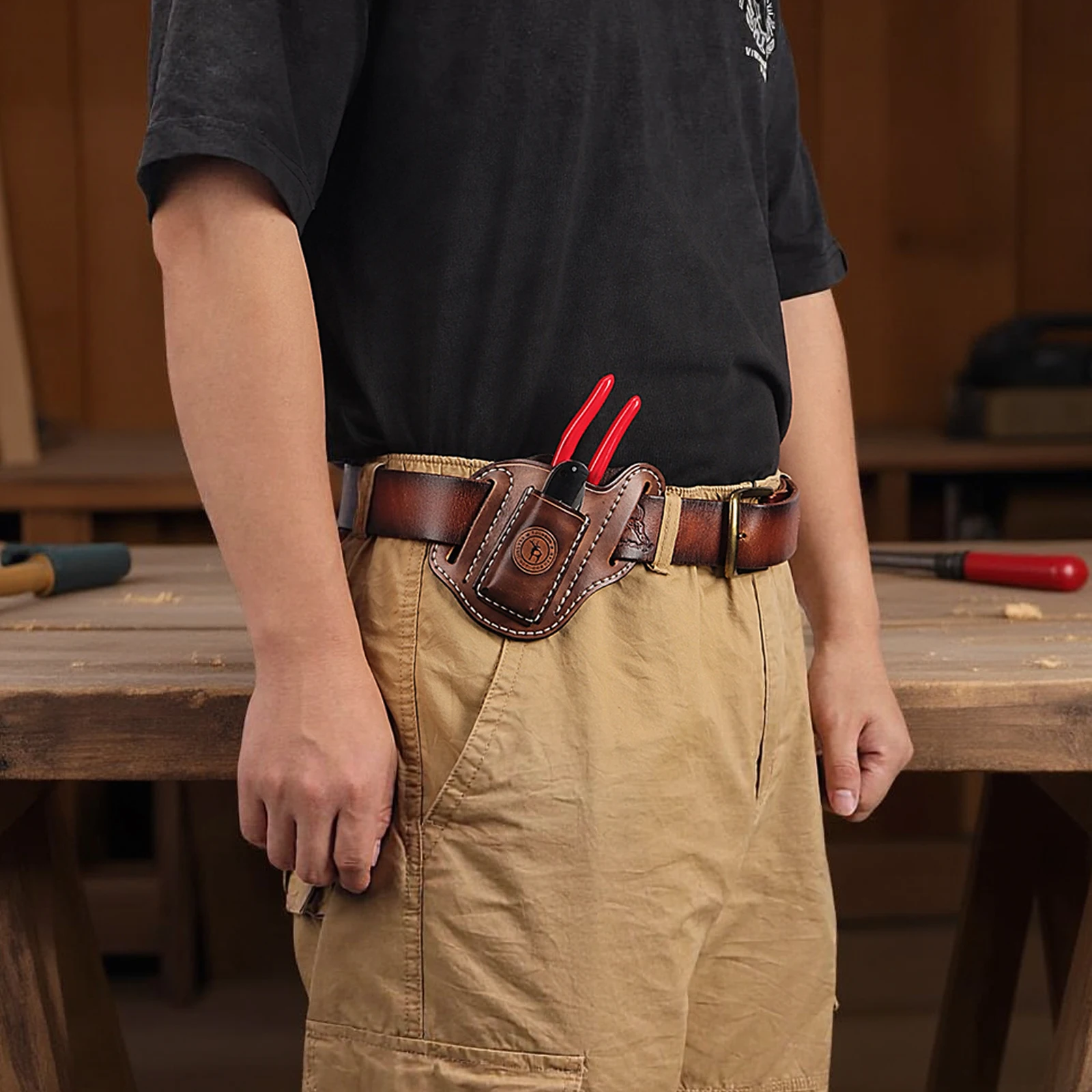 Tourbon Leather Tool Pouch for Folding Knife & Pliers 2-in-1 Open Top Holster w/ Belt Loop (Knives and Tools are not Included)