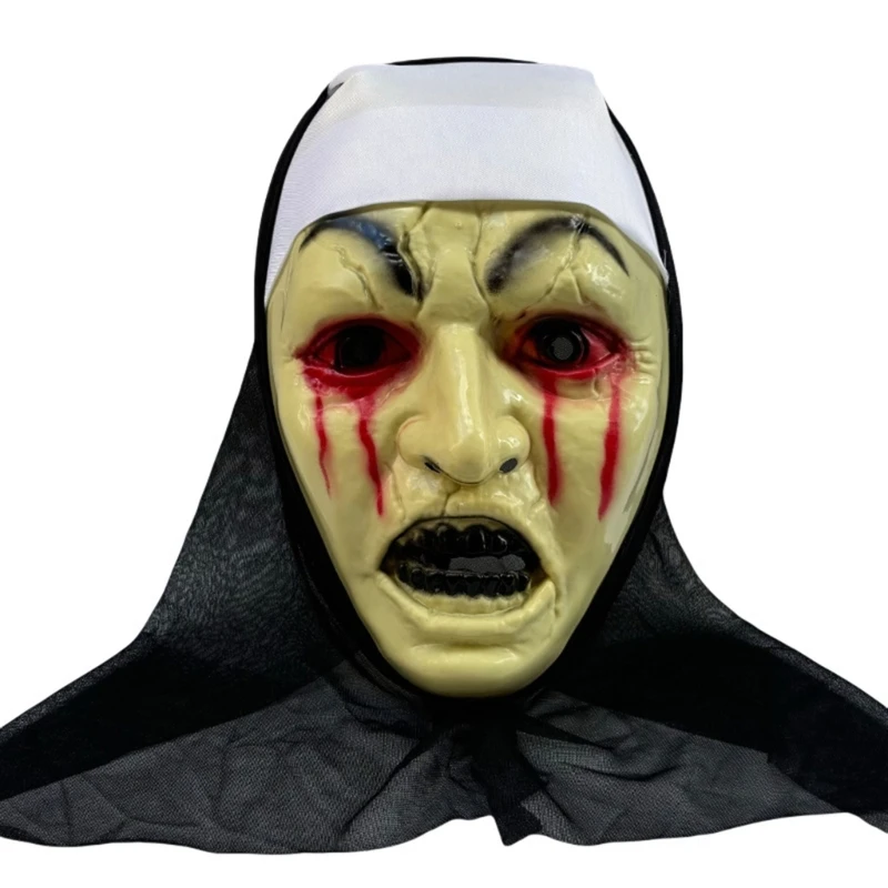 A52E Party Role Play Nun Mask for Adults with Attached Drape Halloween Plastic Horror Costume Prop, Photo Use and Stage Looks