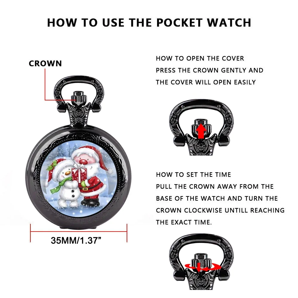ساعة جيب كوارتز على شكل قبة زجاجية لعيد الميلاد سانتا ثلج مع سلسلة متينة ومينا أرقام عربية هدايا غير عادية للرجال والأطفال