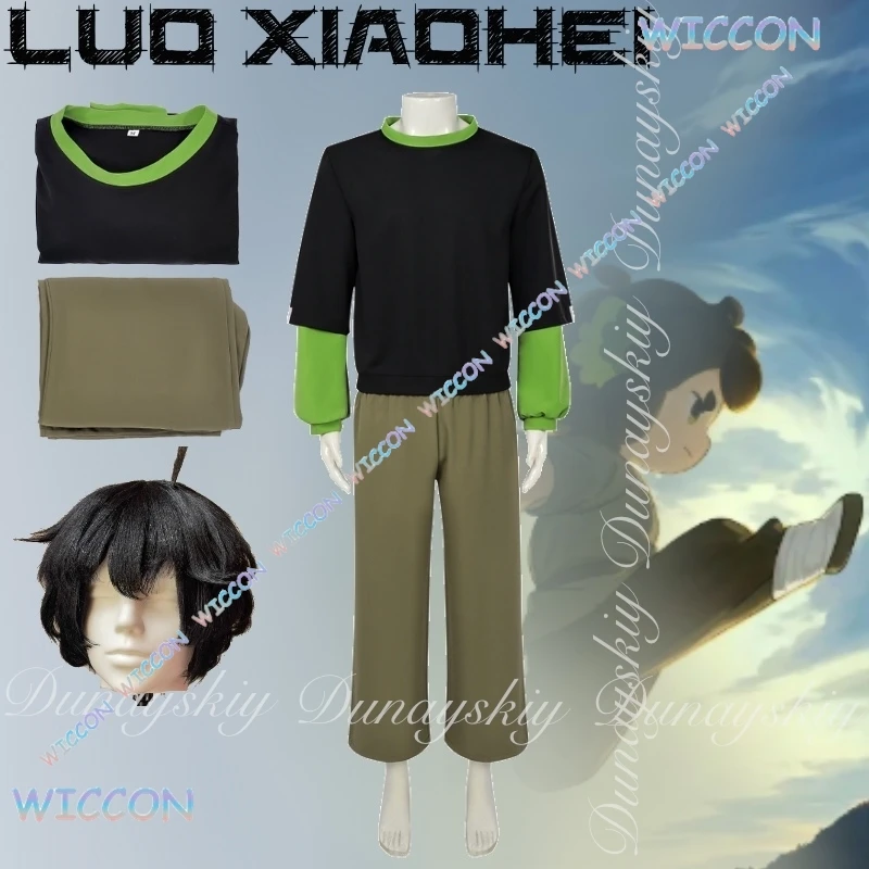 WuHu/la leyenda de Hei II Anime Luo Xiaohei Cosplay peluca corta y rizada negra camisa verde ropa disfraz Cosplay traje completo