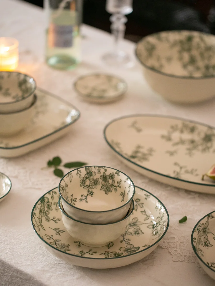 Francuski styl Vintage zielony ceramiczne zastawy stołowe zestaw sielankowe kwiatowe nadruk talerzyk deserowy miska na zupę danie rybne domowa kawiarnia restauracja