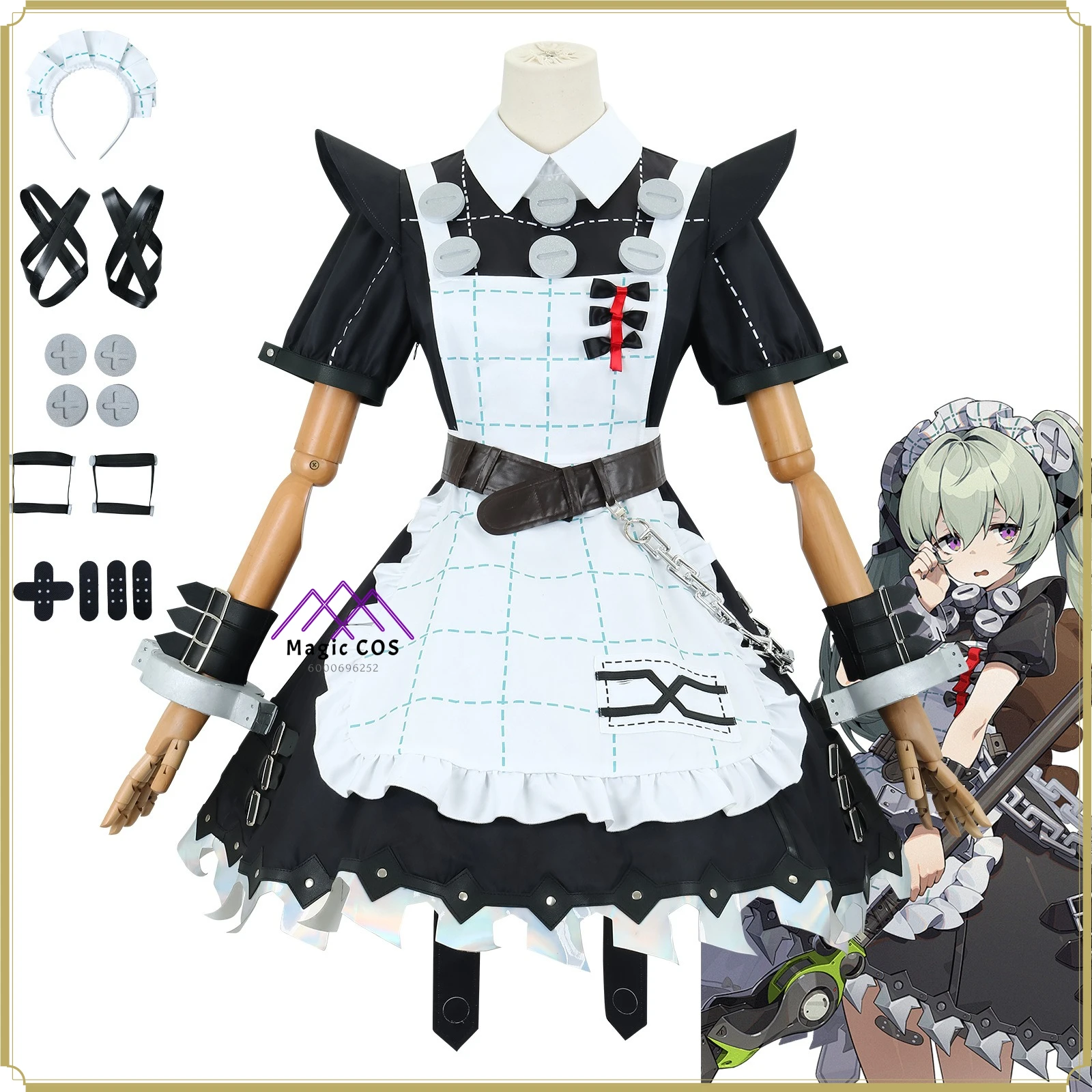 

Женский милый костюм горничной для косплея - полный комплект: парик с заколкой в виде тигра Zenless Zone Zero, поясная цепочка, костюм для ролевых игр на Хэллоуин