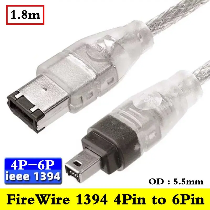 

Кабель 1.8м, 4-контактный (4P) / 6-контактный (6P), стандартный, с разъемами 1394 (4-контактный штекер) на 6-контактный (штекер), горячая продажа, 400 IEEE 1394, подходит для цифровых камер и видеокамер