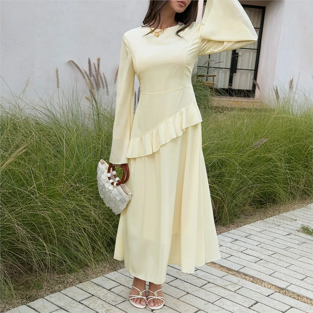

Elegant Women's Dress Solid Color Ruffled Stitching Round Neck Robe Casual Commuting Fashion Workplace Date Party Prom Vestidos