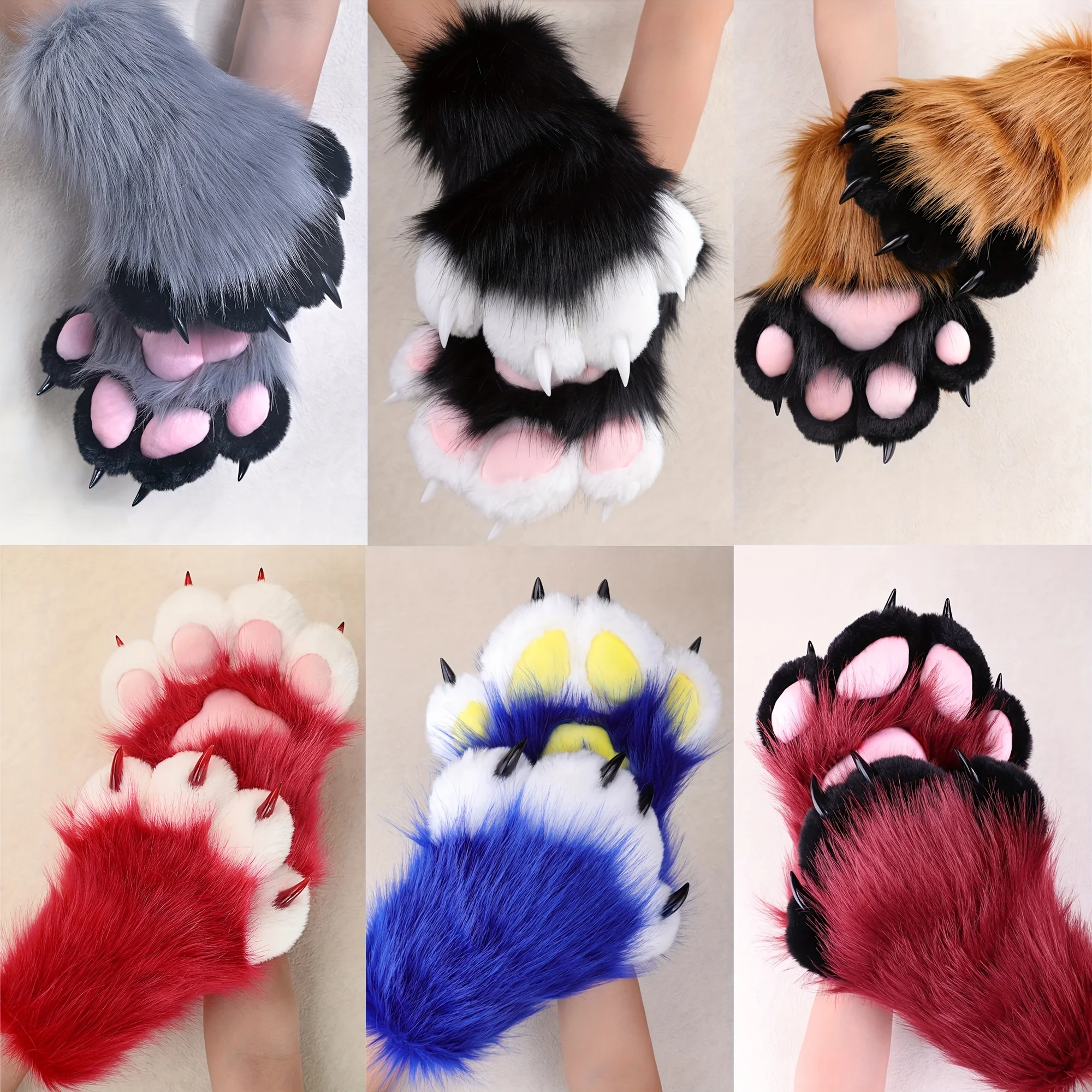 

Soft Plush Animal Paw Gloves Synthetic Fur Style Fursuit Hand Paws Cosplay Costume for Halloween, LARP & Parties