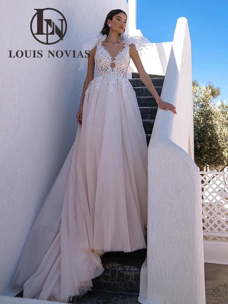 

LOUIS NOVIAS A-Line Wedding Dress Deep V-neck Backless Appliques Pearls Wedding Gown Fairy Court Train Vestidos De Novia