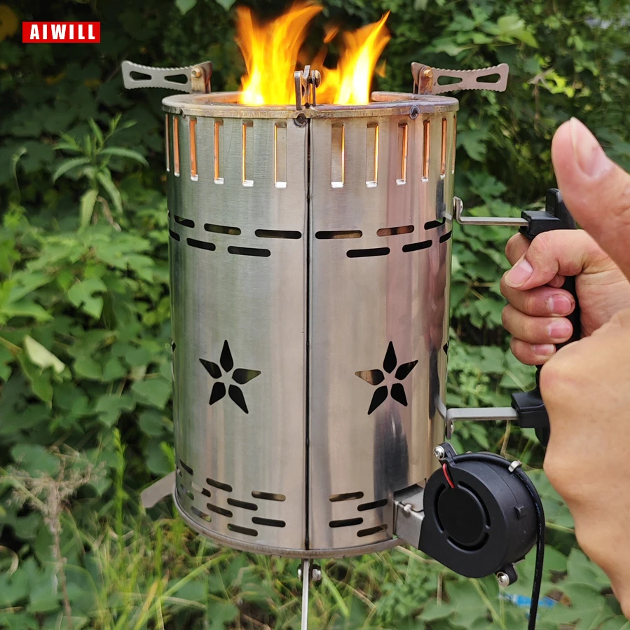AIWILL Outdoor Wood Burning Stove Stainless Steel Foldable Bracket Firewood Furnace Charcoal Cooker BBQ Electronic Blower Stove