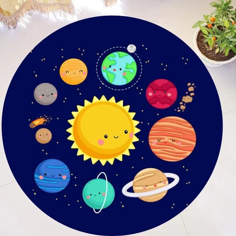 Colorful Cartoon Planet Round Area Rug Solar System Universe Circle Carpet for Living Room Kids Bedroom Decor Non-slip Floor Mat