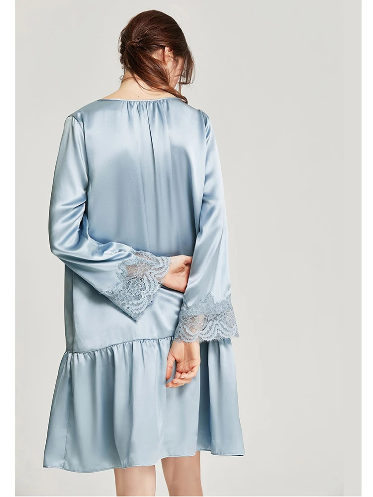 Winsleter,Vintage Fresh Simple Round Neck Comfortable Haze Blue,16.5MM 6A 100%Mulberry Silk Nightdress Homewear Women P39620QD