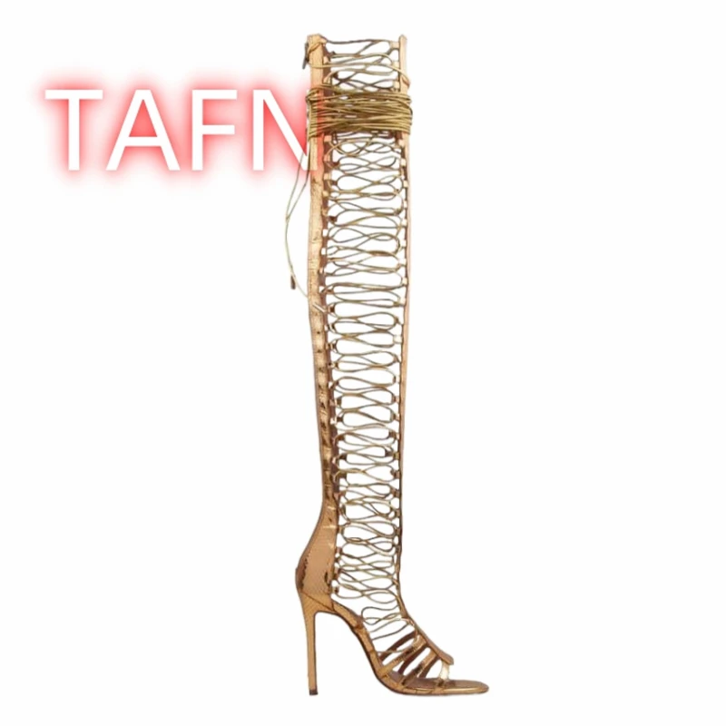 

Сандалии-гладиаторы с открытым носком и высоким каблуком, золотые сандалии-гладиаторы с ремешками выше колена, женская обувь для вечеринок и клубов на шнуровке, Zapatos Para Mujere