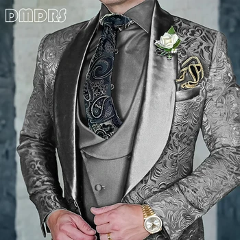 DMDRS | Jacquard Men's 3-piece Suit Set Formal Party Dress Groom's Tuxedo High Quality Elegant Men's Customized Outfit 5