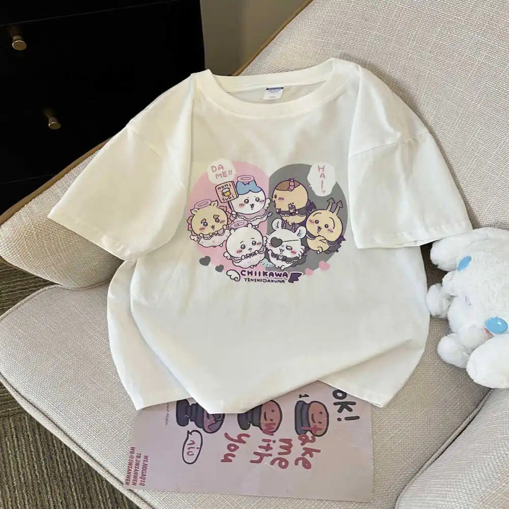 2026 New Cute Chiikawa Printed Short-Sleeve T-Shirts for Older Girls, Trendy Summer Kids Tops