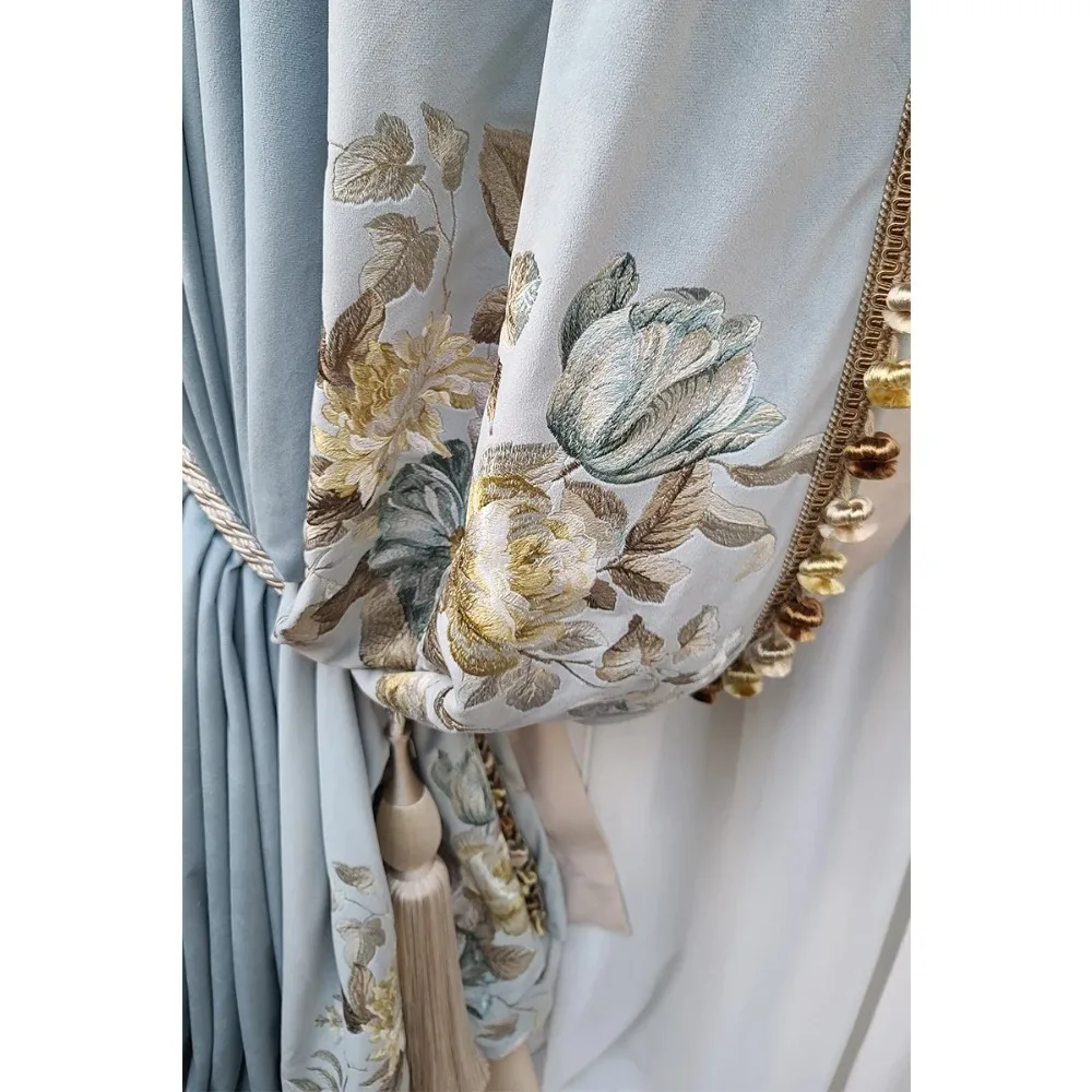 European Style High-end Luxury Embroidered Velvet Blue Retro Curtains For Living Room Bedroom Dining Villa Custom Size Drapes