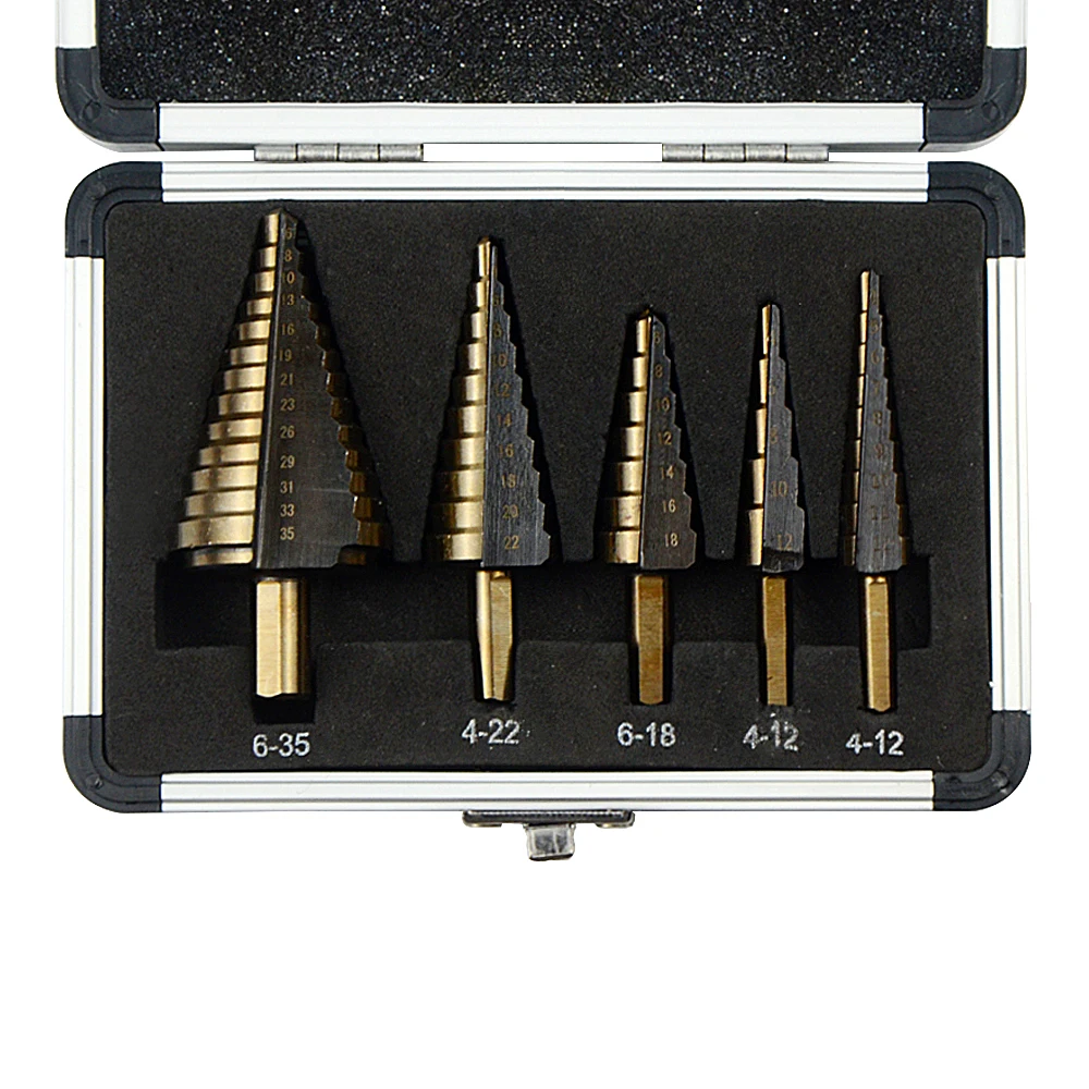 GROSAM-Juego de brocas escalonadas de cobalto, 5 piezas, métricas, Hss, orificios múltiples, 50 tamaños, con caja de aluminio