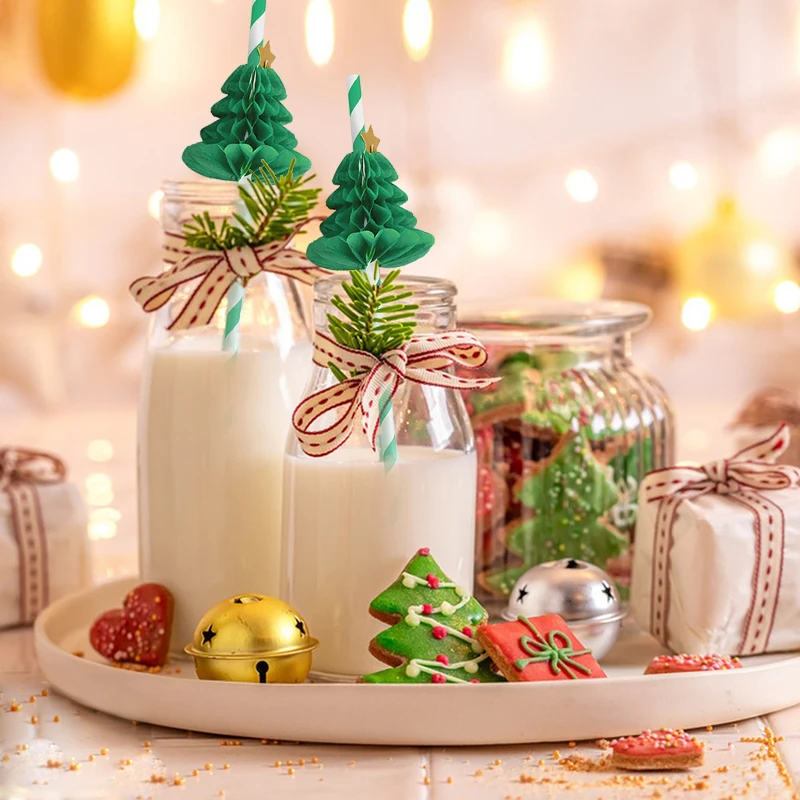 10Pcs Christmas Tree Cupcake Topper Honeycomb Paper Straw 2024 Christmas Party Cake Decoration 2025 New Year Food Fruit Picks