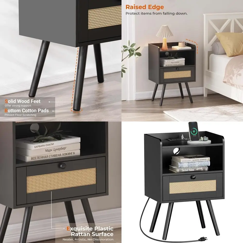 

Black Charging Station Nightstand with Rattan Drawers, Solid Wood Foot End Table, Open Storage Bedside Table for Bedrooms, Livin