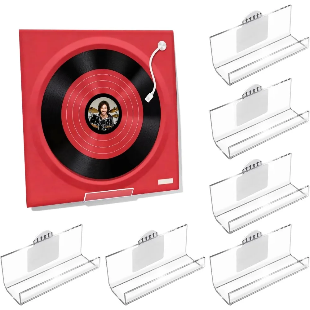 6 عبوات من حامل تسجيلات الفينيل على الحائط بدون مثقاب، رفوف عرض رفوف سجل الأكريليك ذاتية اللصق لأغطية ألبوم LP CD #1