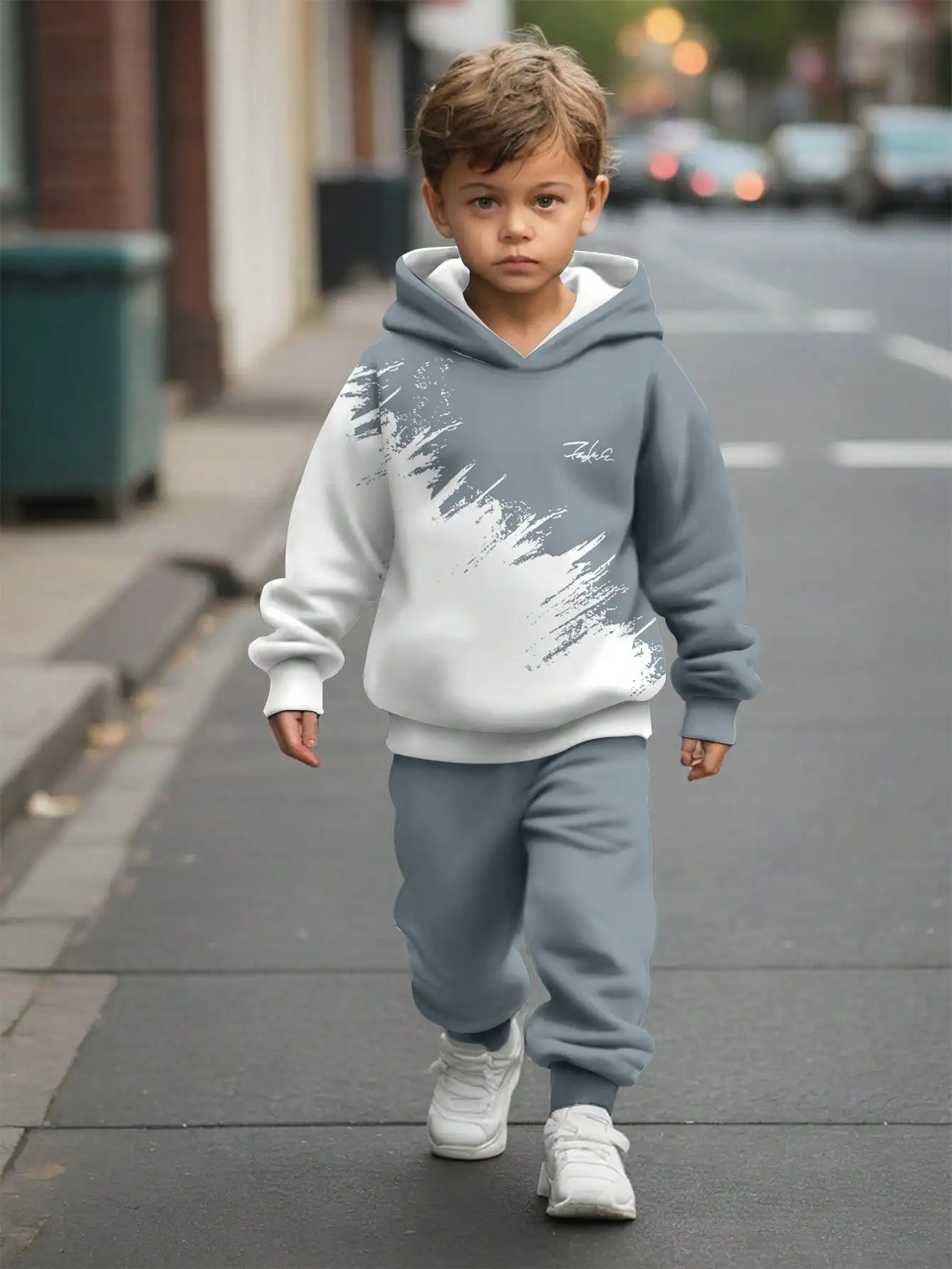

2-Piece Kids Casual Hoodie & Joggers Set, Gray White Brushstroke Print, Loose Fit for Autumn Winter