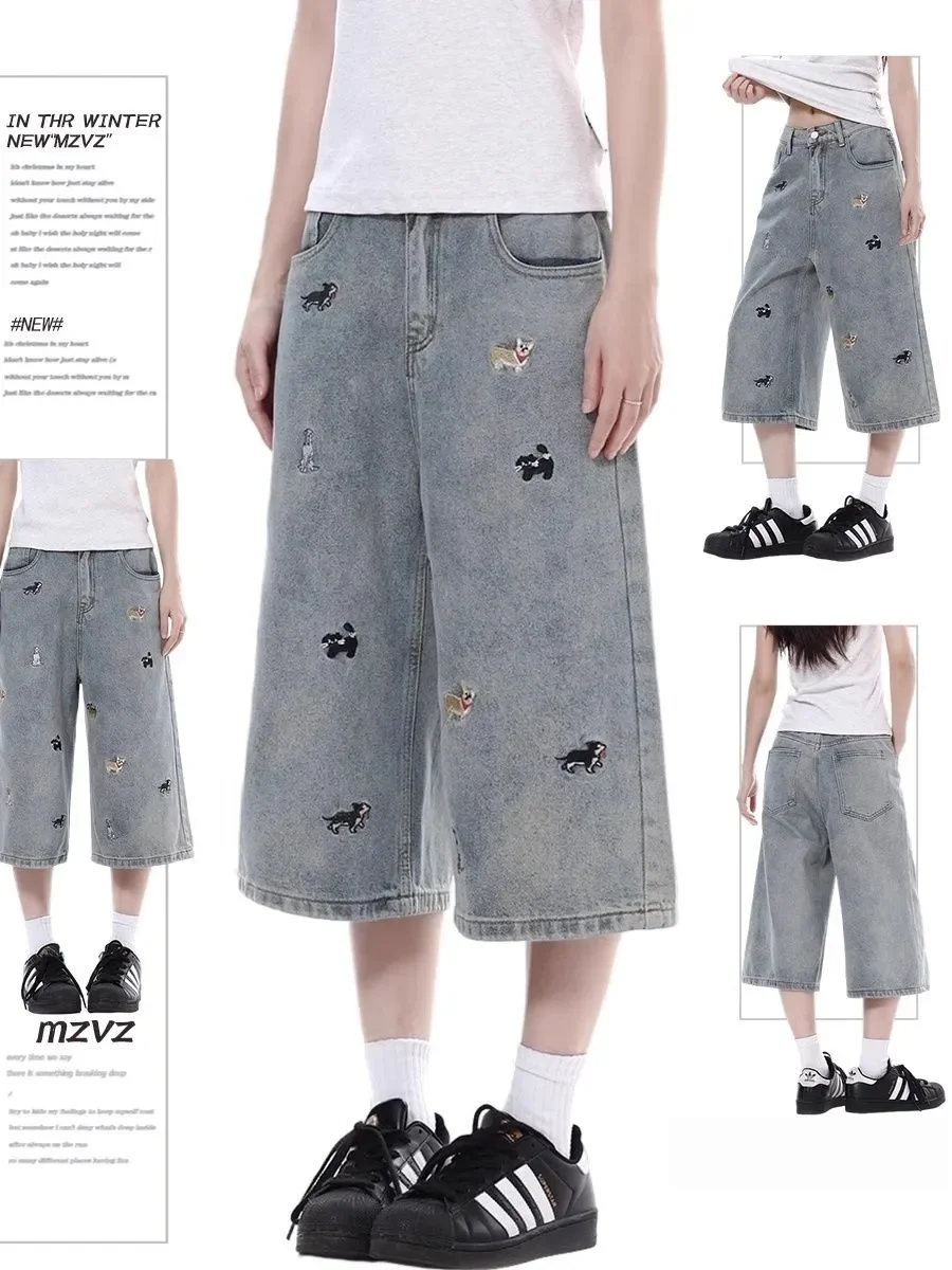 

Street Y2K Vintage Washed Cat Whiskered Style embroidered Bermuda Jeans Knee Length Denim Jorts Casual Shorts Cropped Trousers