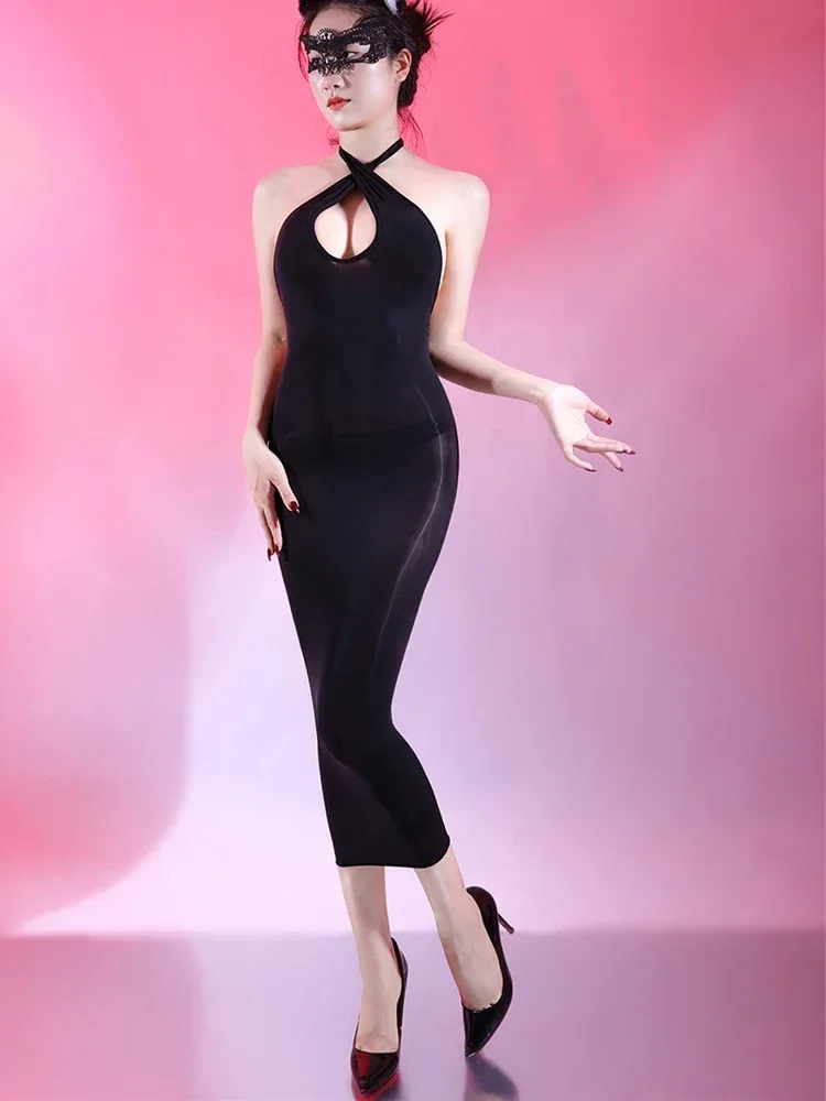 Sexy One Step Dresses Sexy Halter Women's Package Hip Pencil Dresses Skinny Body High Elastic Sheer See Through  Club Miniskirts