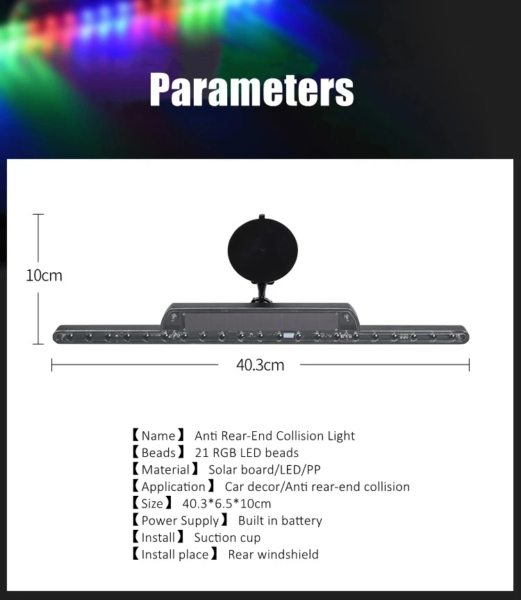 Solar Charge Wireless RGB LED Bar for Car Decor Anti Rear-End Collision 21 Ultra Bright Beads Windshield Colorful Warning Light