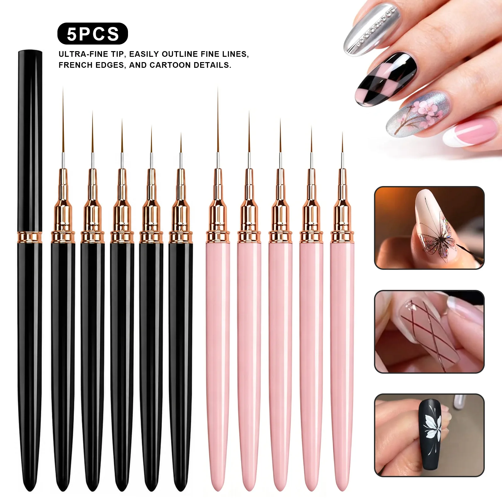 Lot de 5 pinceaux de nail art pour lignes allongées, traçage, peinture, dessin floral – Outils professionnels de manucure DIY