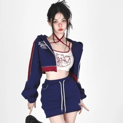 Autumn Sport Fashion 3 Piece Set Casual Print Vest Gothic Crop Tops Coat Slim Bodycon Mini Skirt Japanese Style Y2k Clothes Suit