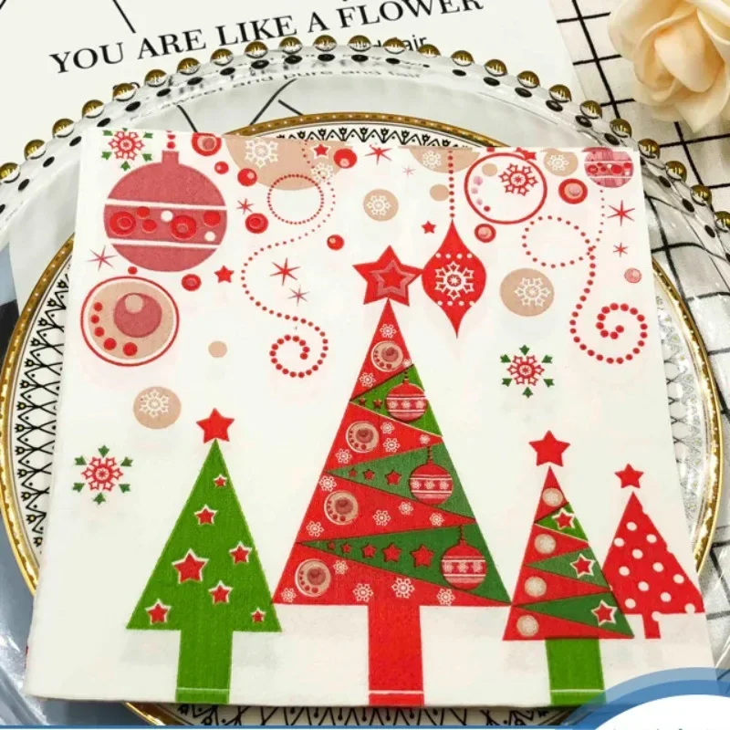 Christmas Tree Colorful Printed Napkins Hotel Restaurant Christmas Party Square Folded Decorative Napkins 2-Ply 10/20pcs 33*33cm