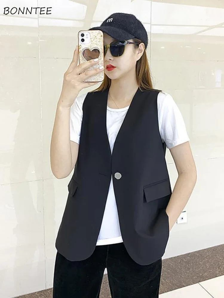 Vests for Women Temper V-neck Coats Fashion Commuter Single Button Simple Ulzzang All-match Prevalent Classic Желетка Женская