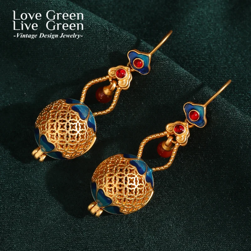 

Vintage Blue Enamel Drop Earrings Gold Color Hollow Luxury Jewelry Designer Red Long Antique New Trends In 2025 Engagement Party