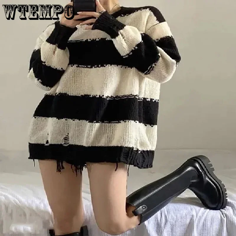 Gothic Punk Hole Sweaters Women Fashion Harajuku Oversize Pullover Sweater Knitted Jumper Fashion Striped Sweater Wholesale