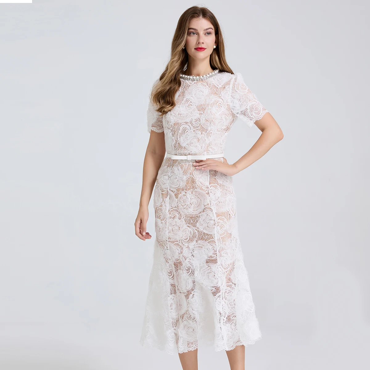 

French Luxury Beading Lace Evening Dress Women Elegant White Embroidery Hollow Out Short Sleeve Prom Party Fishtail Dress Belt