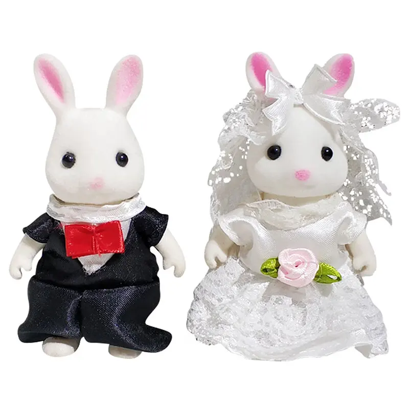 Wedding Bunny Couple Doll Mini Flocked Rabbit Bride Groom Figure Dollhouse Wedding Scene Decoration Pretend Play Toy Collection
