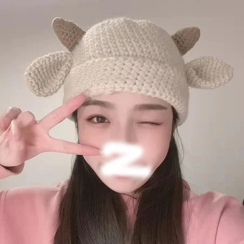 Horns Kawaii Knitted Hat Winter Sweater Warm Hats All-match Fashion Japanese Cap Students Cold Hat Tide Cute Funny Lovely Cap