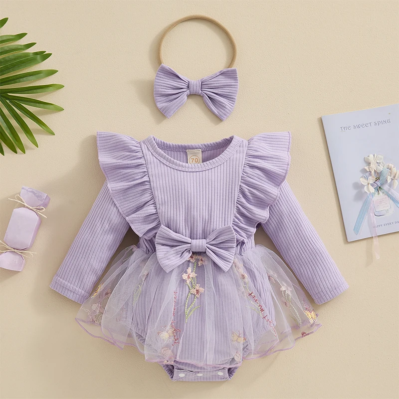 Toddler Baby Girl Fall Winter Outfit Set Floral Tull Romper Dress Ruffles Long Sleeve Clothes Jumpsuit with Bow Headband