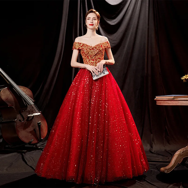 Prom Dress Red Bride Wedding Toast Solo Stage Performance Evening Dress New Style Brilliant Gilded Spring