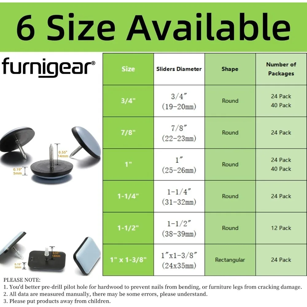 Deslizadores para muebles con clavos de 1 " (paquete de 24): deslizadores para sillas Furnigear de alta resistencia de PTFE (teflón), deslizadores para mudanzas de muebles de madera