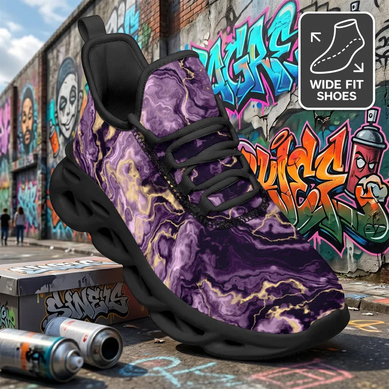 Ladies Men's Wide-Fit Marble Pattern Sneakers - Midnight Purple Agate and gold Whirlpool Low-Top Training ShoesLightweight sole