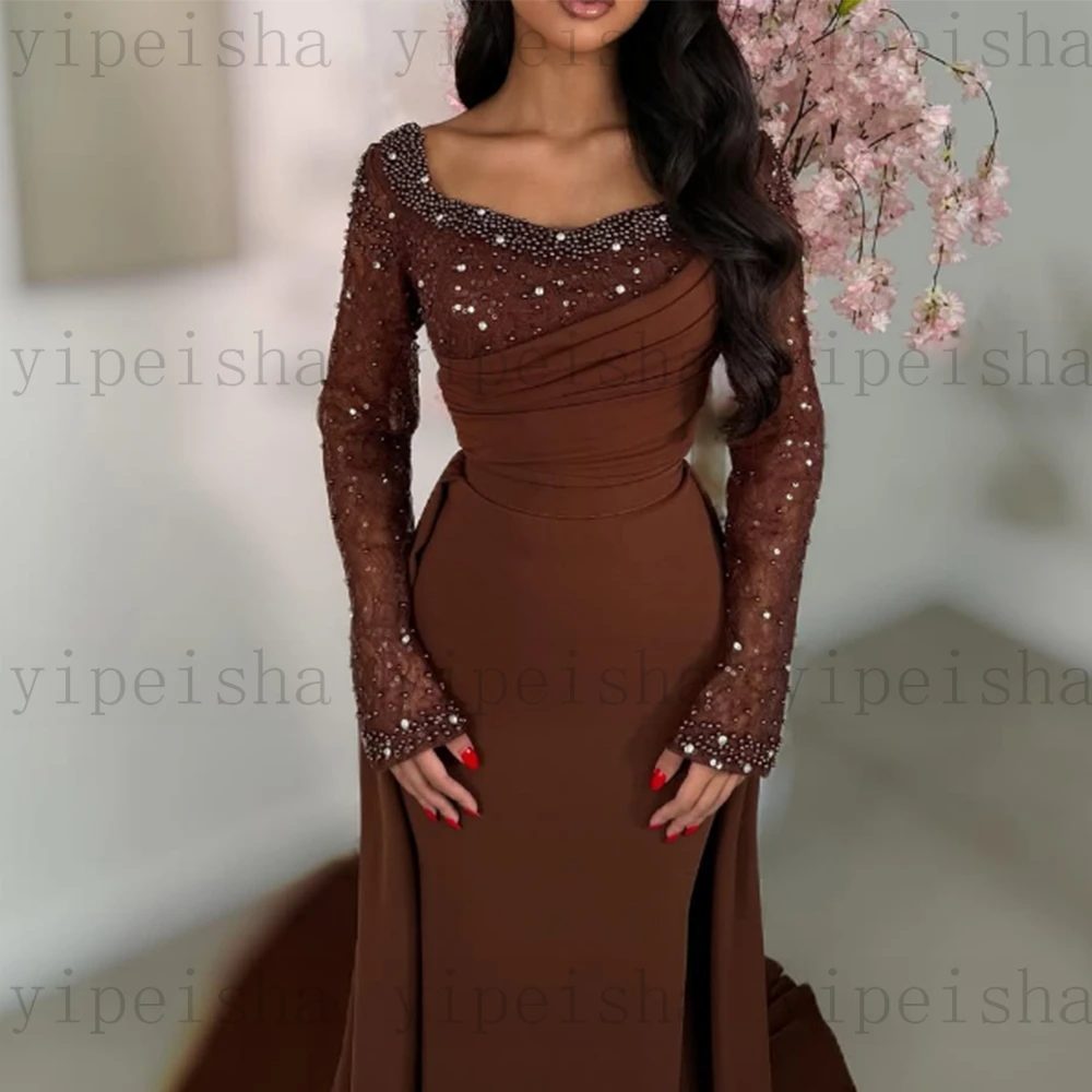 Vestidos de Noche de sirena con cuello en V personalizados, cuentas de lentejuelas, manga completa, tren desmontable, vestido de fiesta largo sin espalda