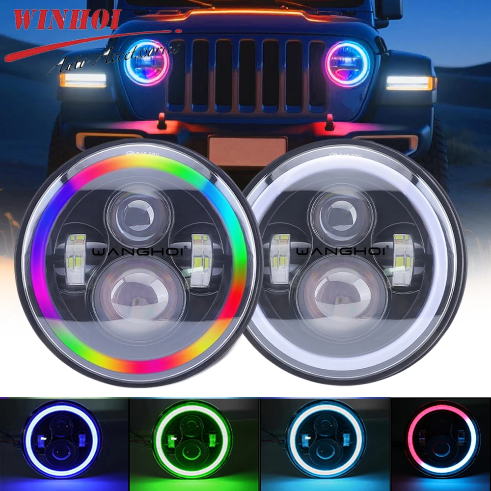 

2/1PC 7 Inch LED Headlight for Wrangler with Halo Angel Eye 7" Round RGB DRL LED Headlights Hi/Lo Beam 12-24V for Jeep JK