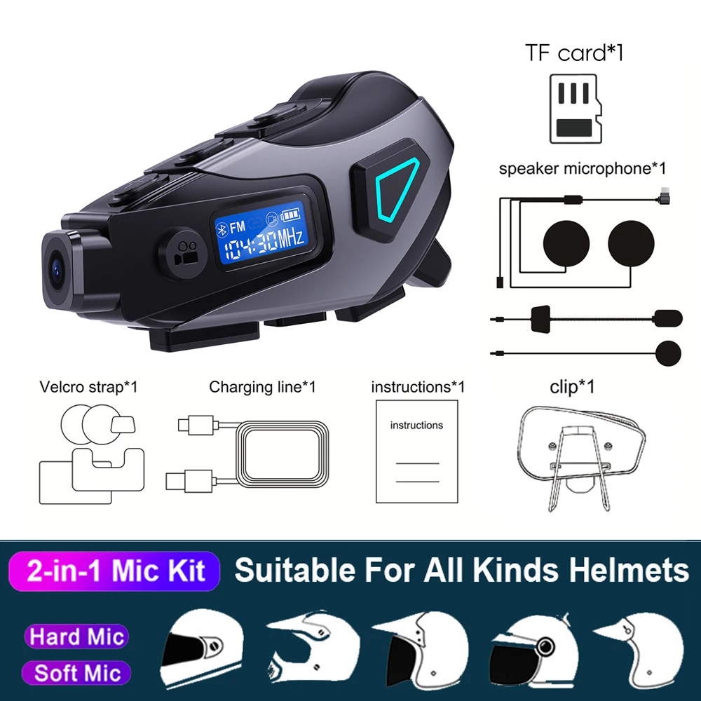 kebidumei 1080P HD Video Dashcam Weitwinkelobjektiv FM + Bluetooth Motorrad Helm Headset Drahtlose Kamera Wasserdichte Motorrad Recorder 3
