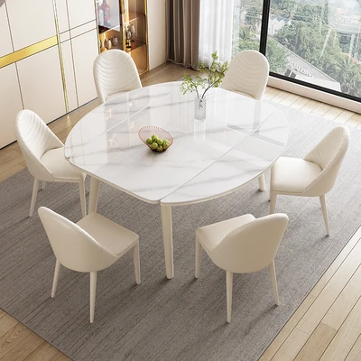 Rock Plate Dining Table Modern Simple and Scalable Folding Round Table Multi functional Dining Table and Chair Combination