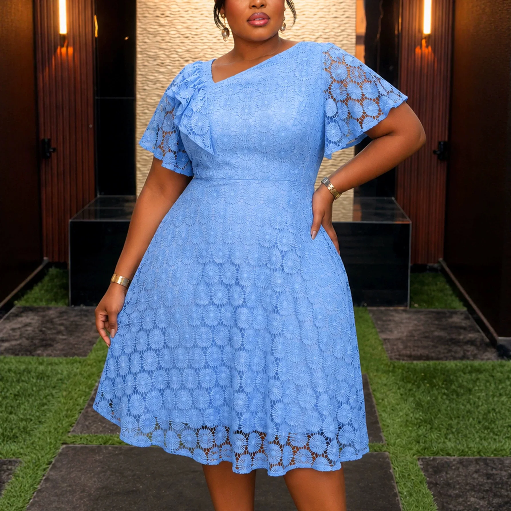 African Women A Line Hollow Out Lace Dress O Neck Short Sleeve Hight Church Wedding Guest Bridal Shower Summer Formal Wear
